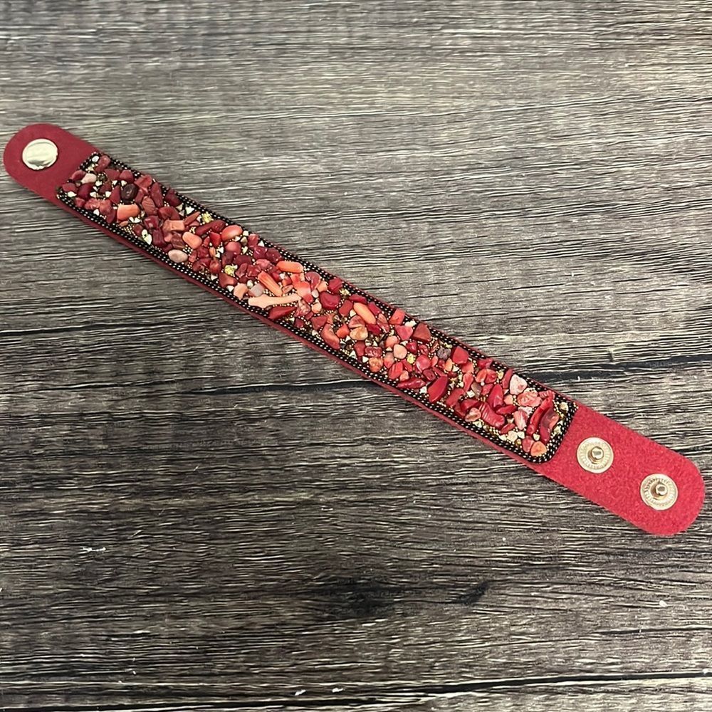 Faux Suede Snap Cord Bracelet, Synthetic Coral & Shell Chips Beaded Wristband